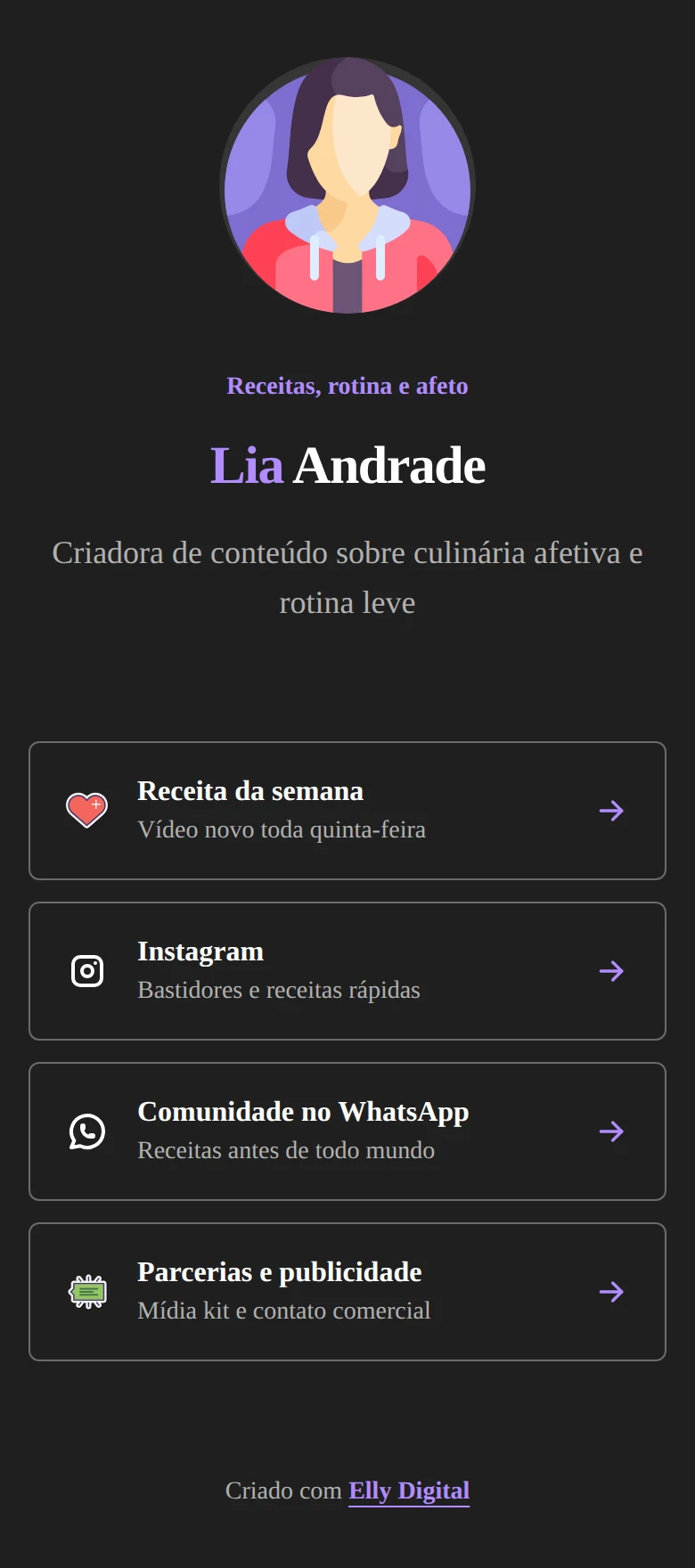 Página de links de Lia Andrade, criadora de conteúdo de culinária, com receita da semana, Instagram, comunidade e parcerias