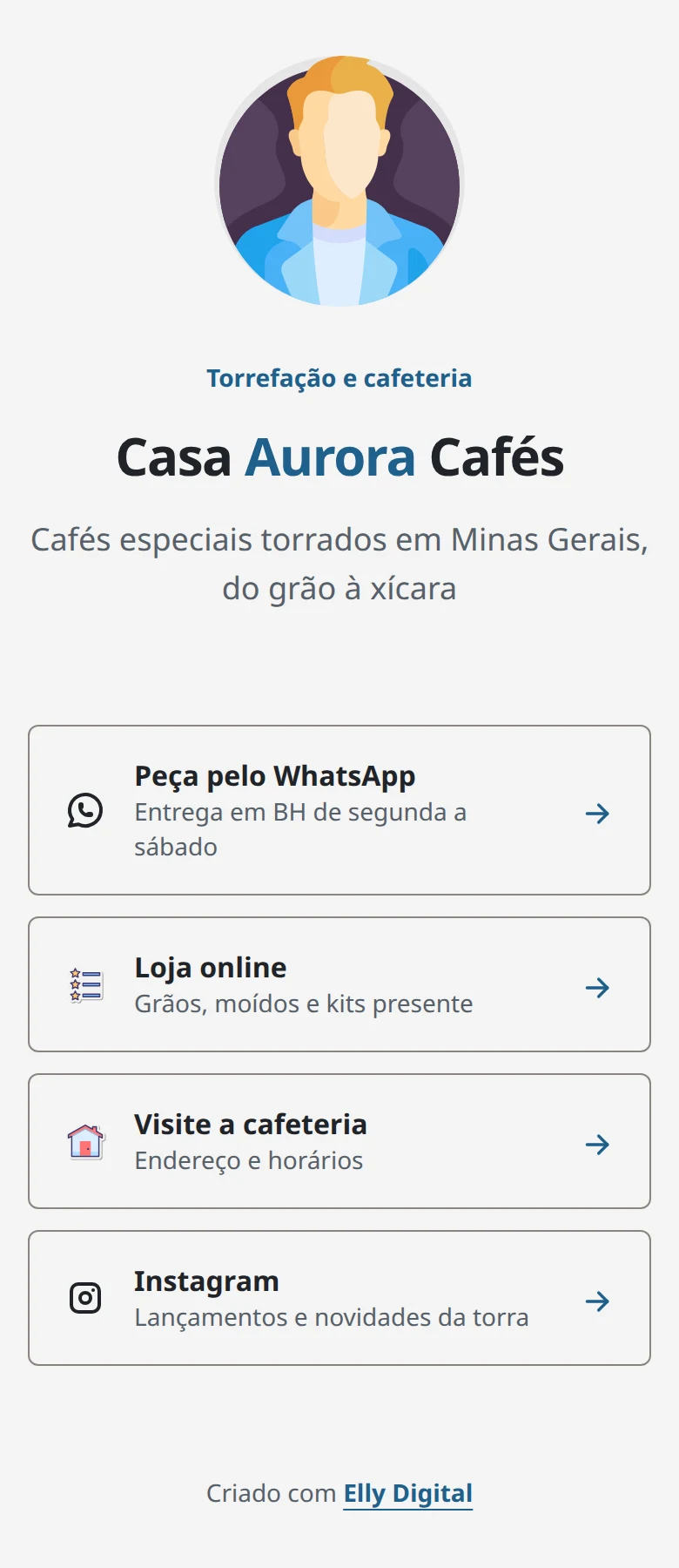 Página de links da Casa Aurora Cafés, com pedidos pelo WhatsApp, loja online, cafeteria e Instagram