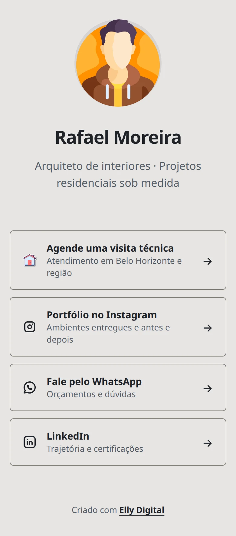 Página de links de Rafael Moreira, arquiteto de interiores, com agendamento, portfólio, WhatsApp e LinkedIn